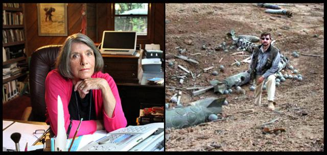 Janet Burroway in her writing office and Tim Eysselinck with war detritus in Iraq